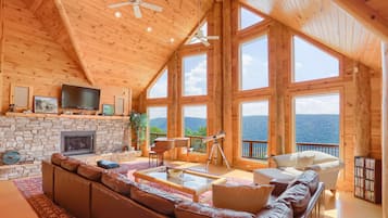 Télévision, cheminée, lecteur de DVD, livres