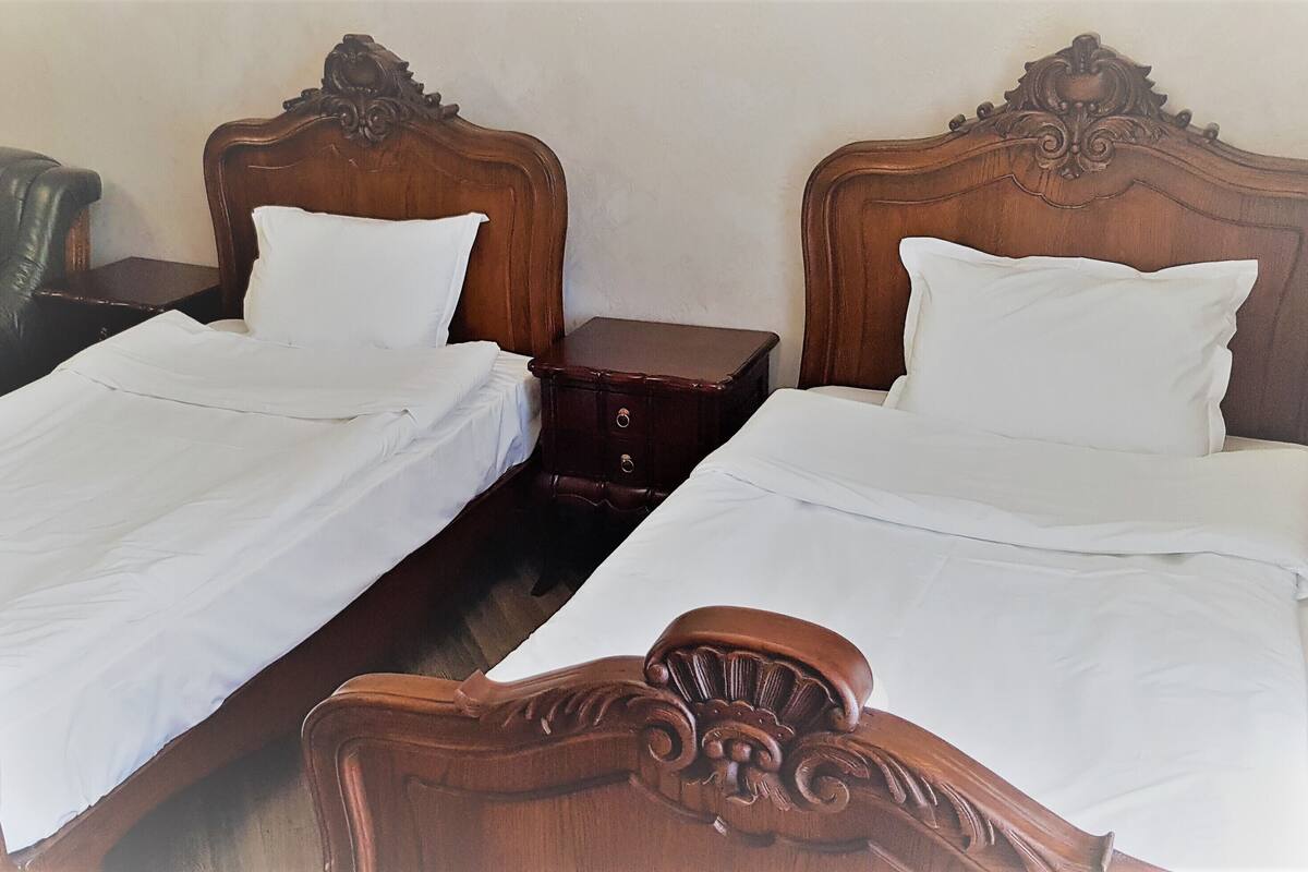 Two wooden beds with white linens, a wooden nightstand, and a leather chair.