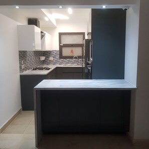 Fridge, microwave, oven, electric kettle