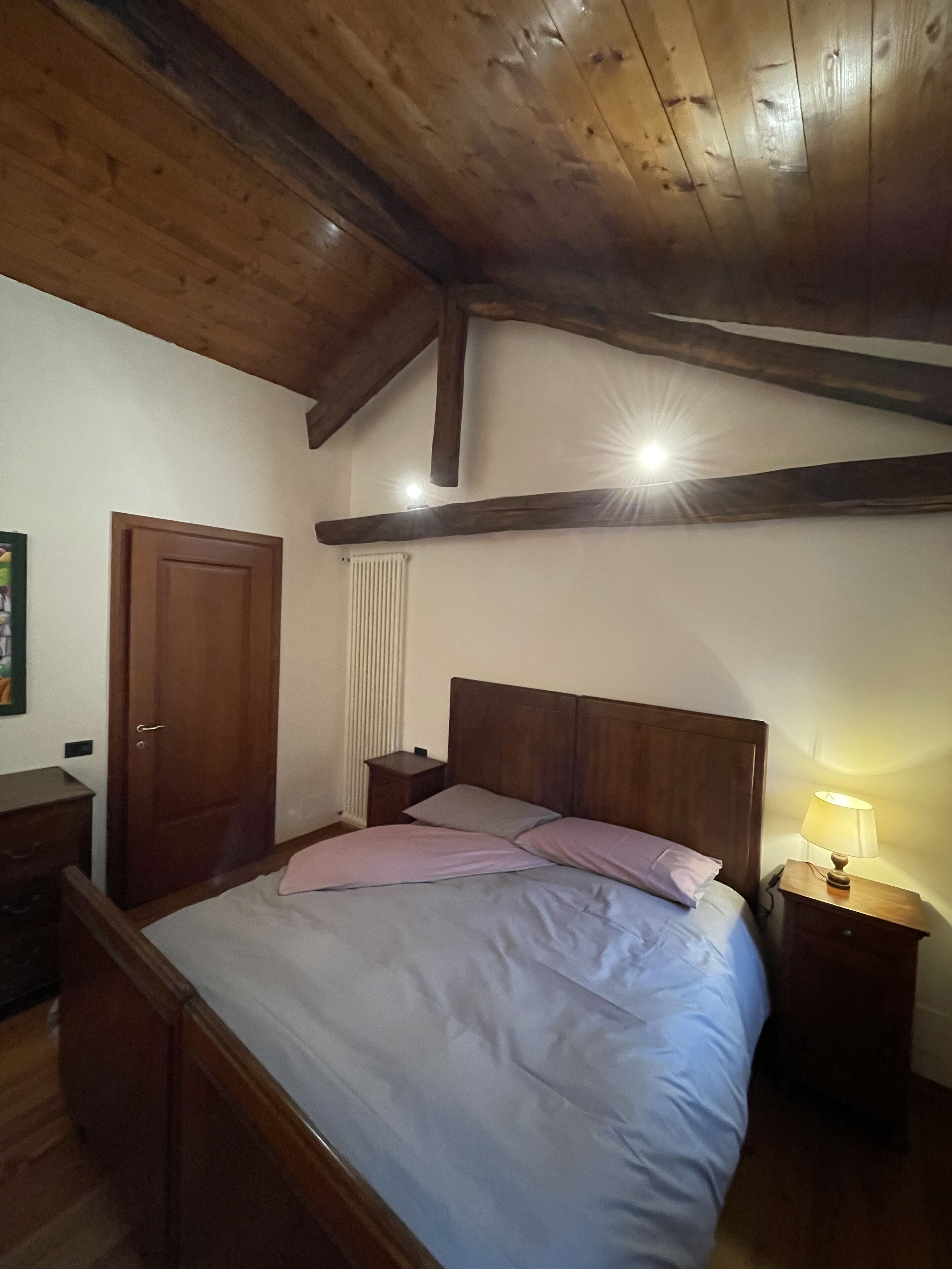 Une chambre avec un plafond en bois, un lit avec des oreillers, une table de chevet avec une lampe, un radiateur et une porte.