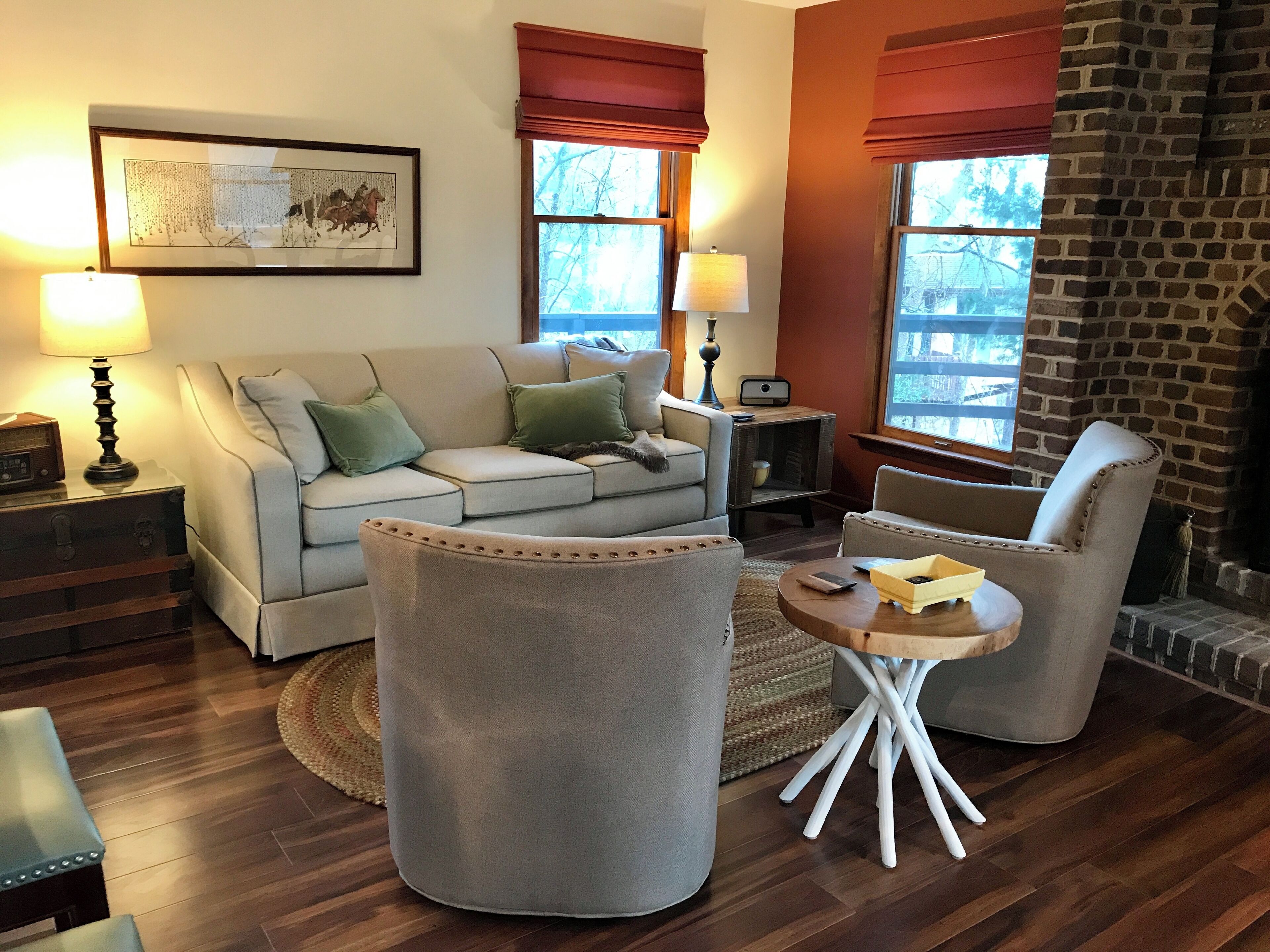 Smart TV, fireplace, books