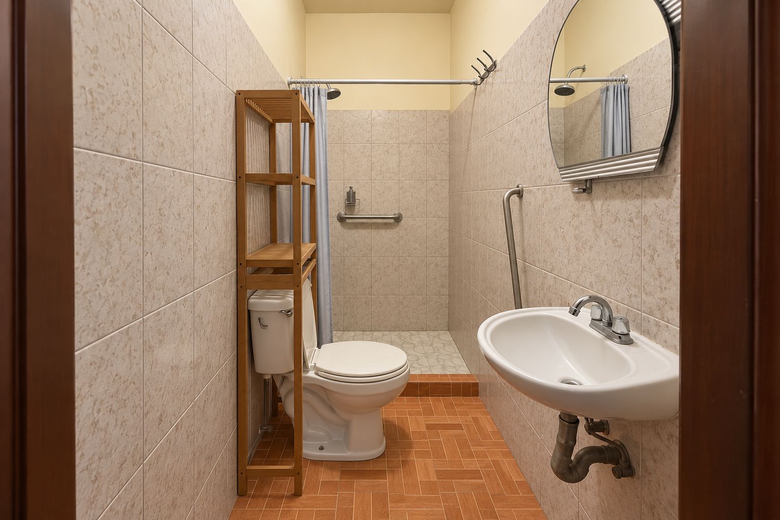 A bathroom with a toilet, a sink, a shower, and a mirror.