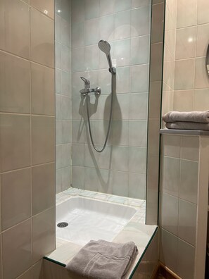 Dusche, Haartrockner, Handtücher, Seife