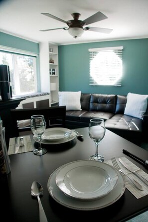 Smart TV, fireplace, books, stereo