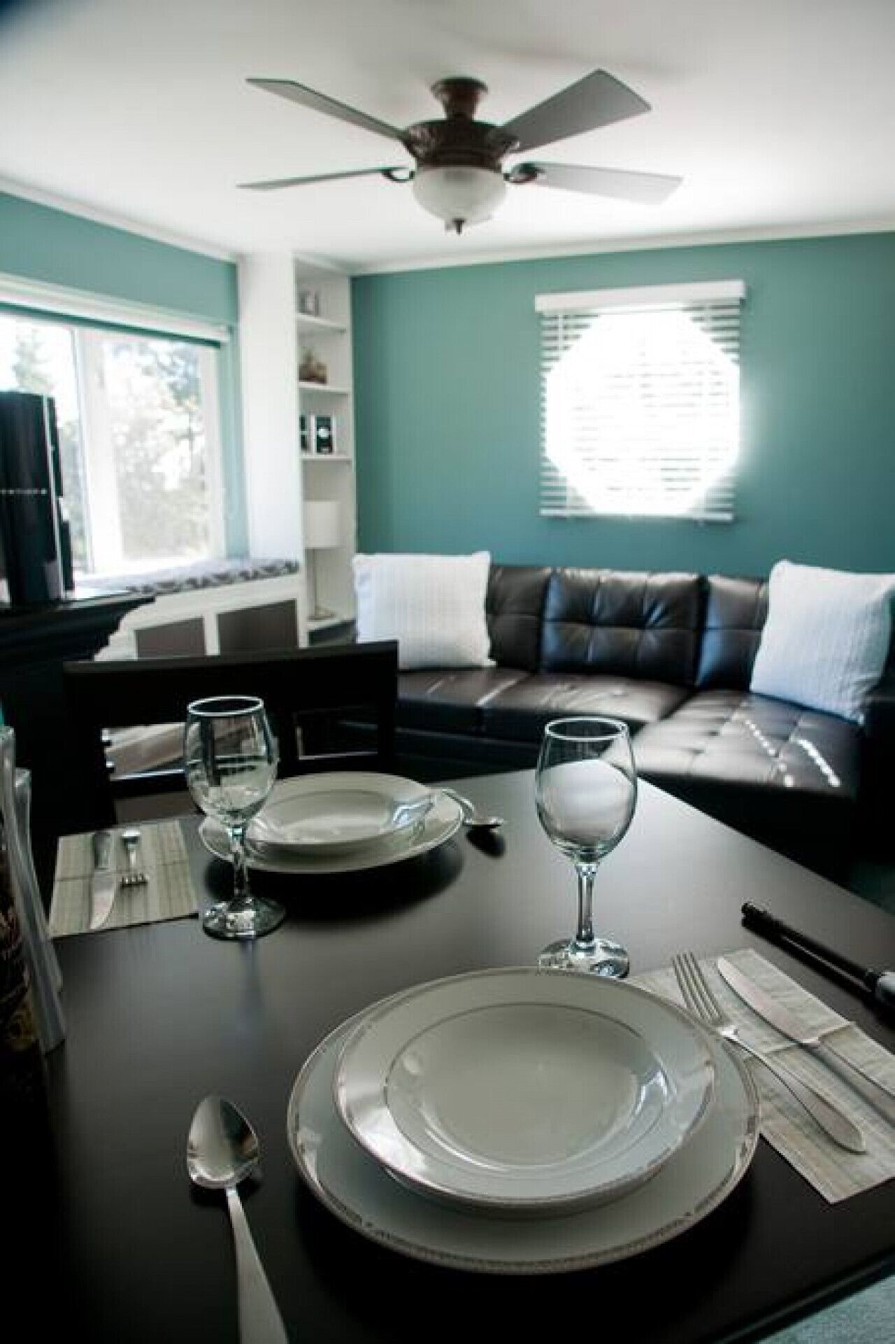 Smart TV, fireplace, books, stereo