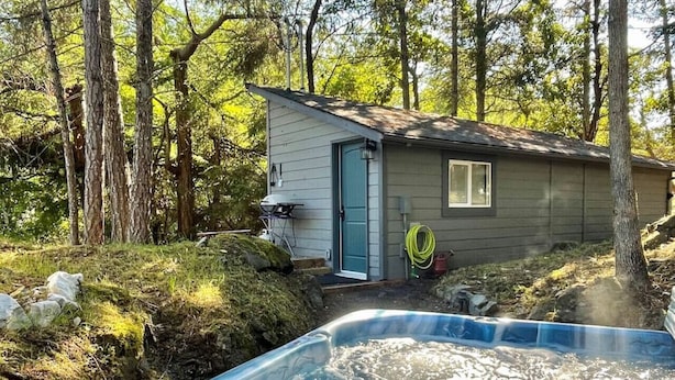 A hot tub in a wooded area with a small cabin.