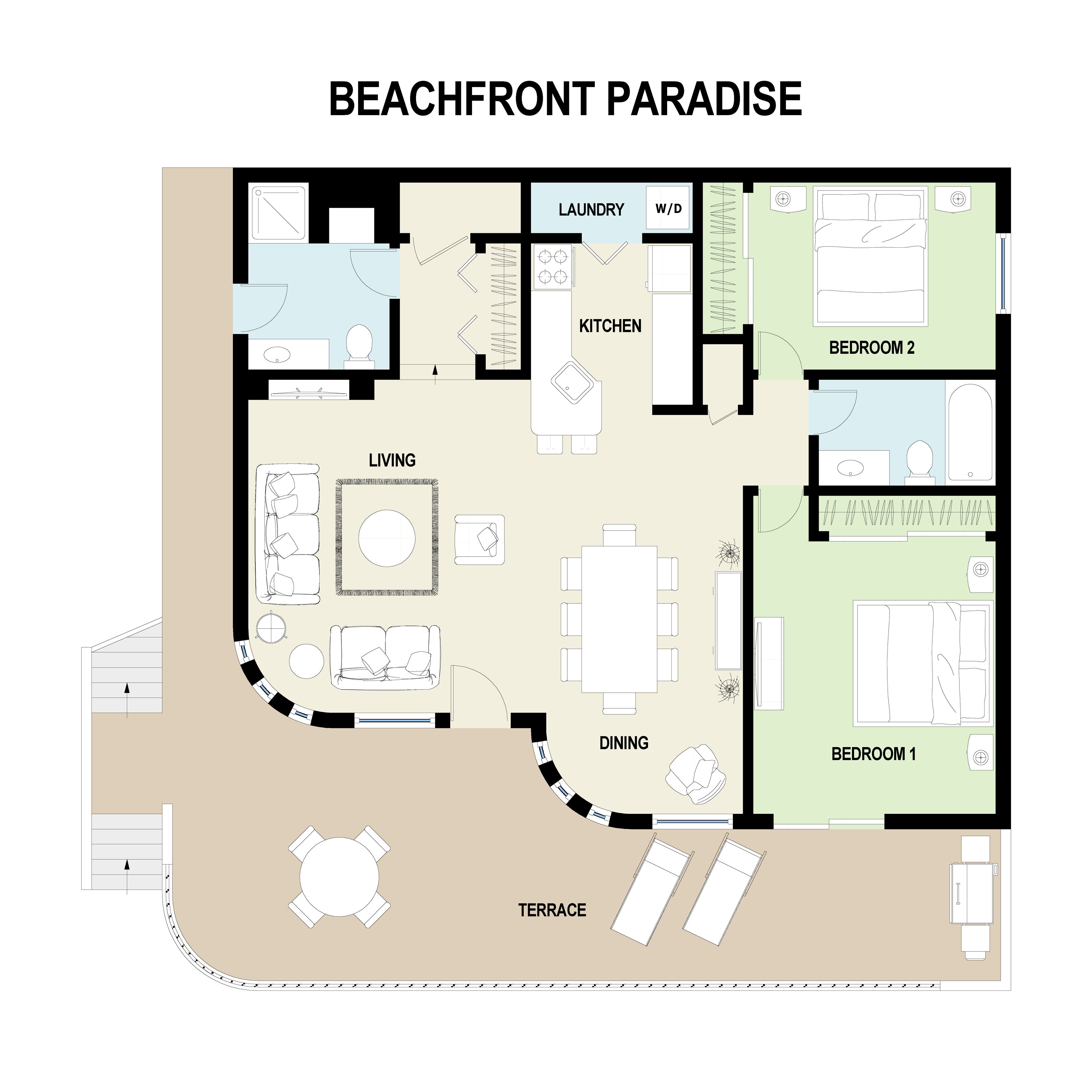 A floor plan of a beachfront property with labeled rooms including a living area, dining area, kitchen, two bedrooms, a terrace, and a laundry room.