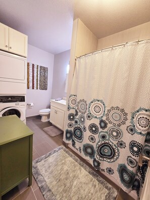 Shower, towels, soap, shampoo