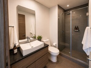 A modern bathroom with a large mirror, a white sink, a toilet, and a glass-enclosed shower area.