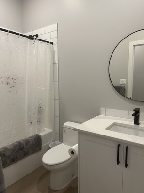 Une salle de bain équipée de toilettes, d’un lavabo, d’un rideau de douche et d’un miroir.