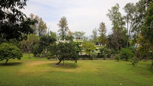 A park with a building in the background.