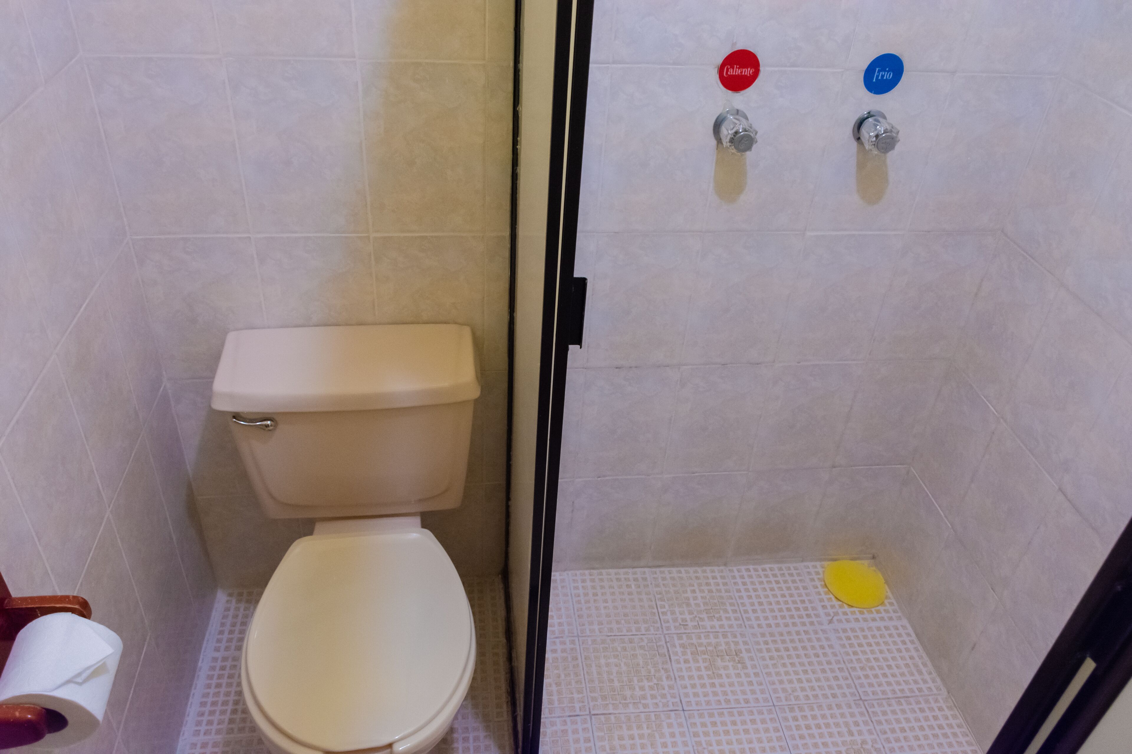 A bathroom with a toilet, a shower area with a glass door, and two water taps labeled 'Caldine' and 'Frio'.
