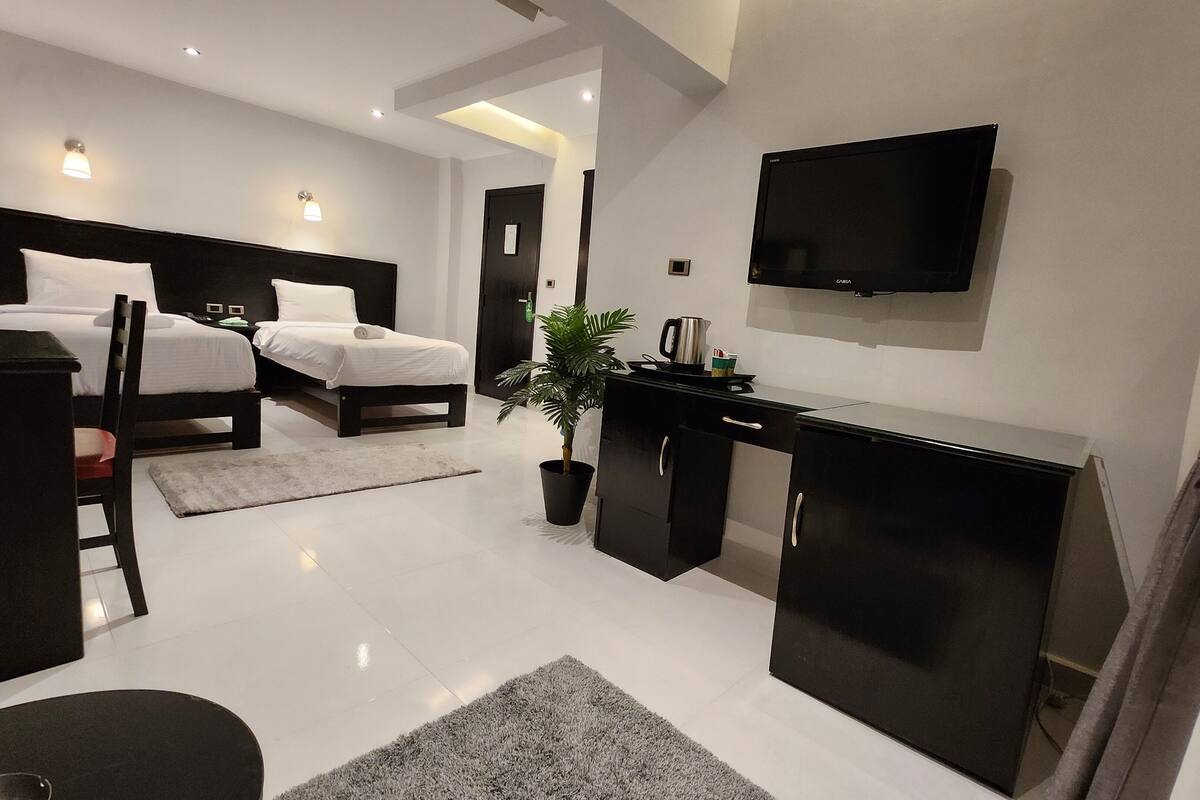 Habitación de hotel moderna con cama, escritorio, silla, planta en maceta y televisor de pantalla plana.