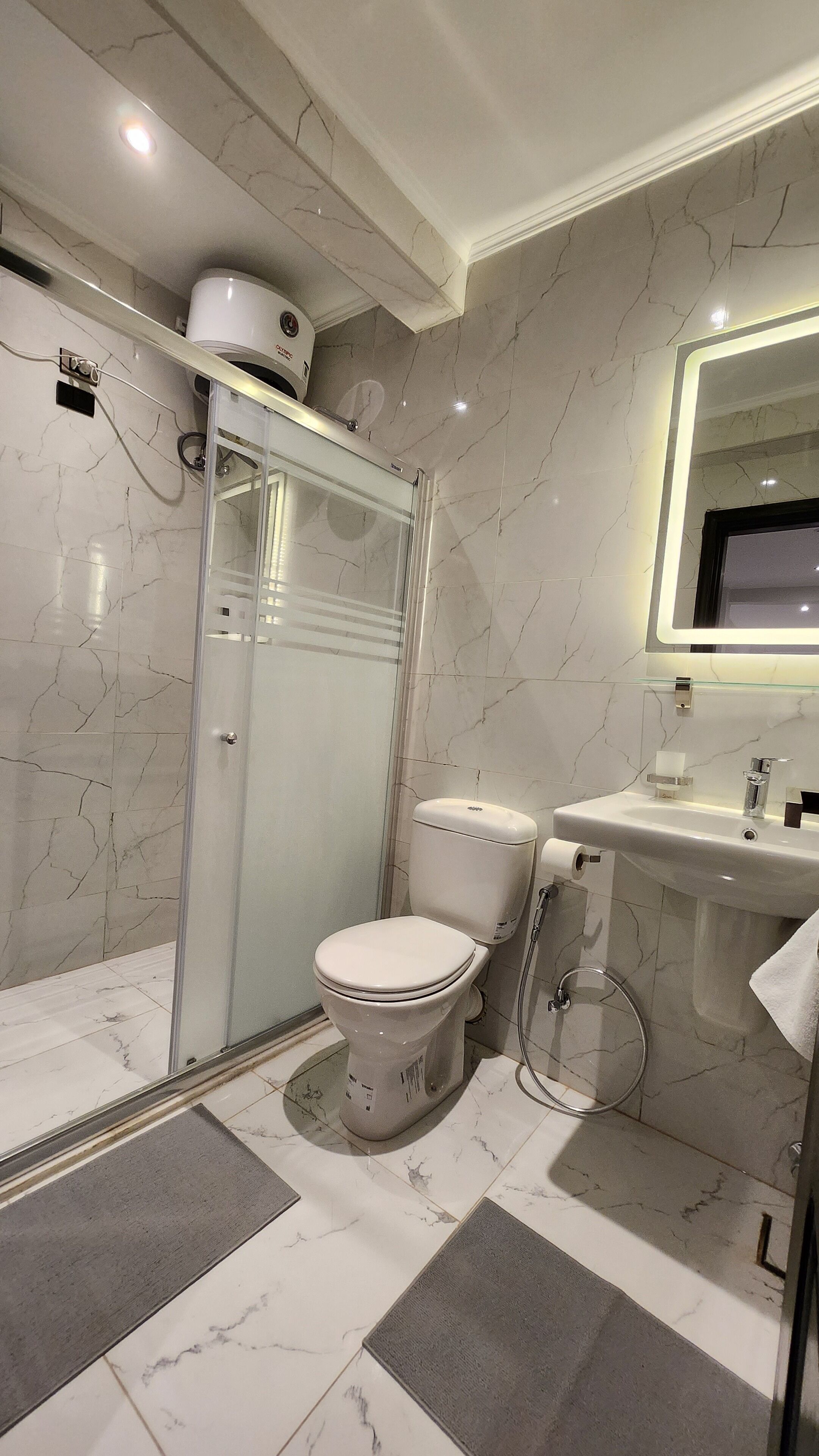 Un baño moderno con ducha de vidrio, inodoro y lavabo con espejo.