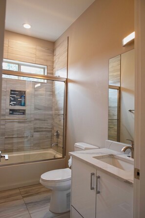 Hair dryer, towels, soap, toilet paper