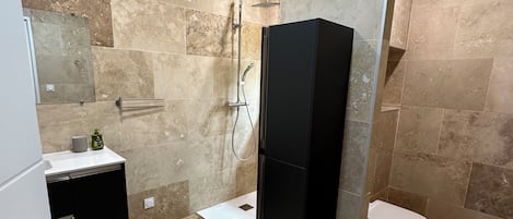 Hair dryer, towels, soap, shampoo