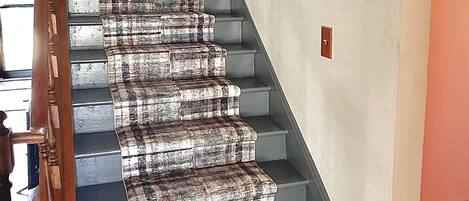 A staircase with a unique patterned carpet and wooden handrail.