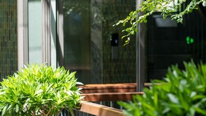 A wooden bench with two potted plants beside it. - Hotel Chiem Hoian (Da Nang)
