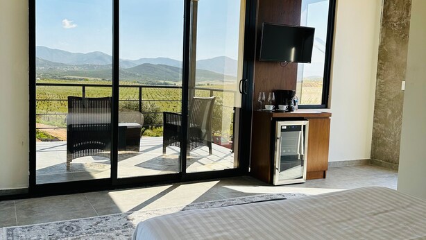 Un dormitorio con una cama grande, televisión, kitchenette y puerta corrediza que da a un balcón con vistas al campo.