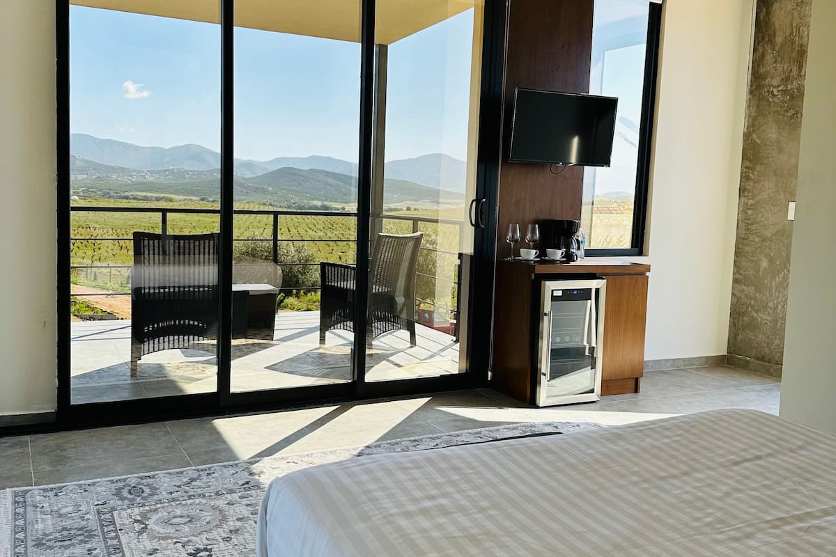 A bedroom with a large bed, a TV, a small kitchen area, and a sliding glass door leading to a balcony with a view of the countryside.