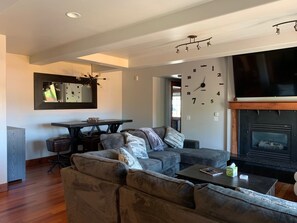 Smart TV, fireplace, books, computer monitors