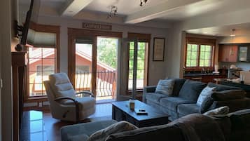 Smart TV, fireplace, books, computer monitors