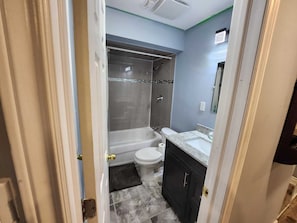 Hair dryer, towels, soap, shampoo