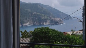 A coastal view with a mountain, a sea, and a cable car line. - Madüneta 5 Terre Guesthouse (Vernazza)