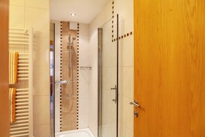 Shower, hair dryer, towels