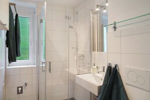 Shower, hair dryer, towels