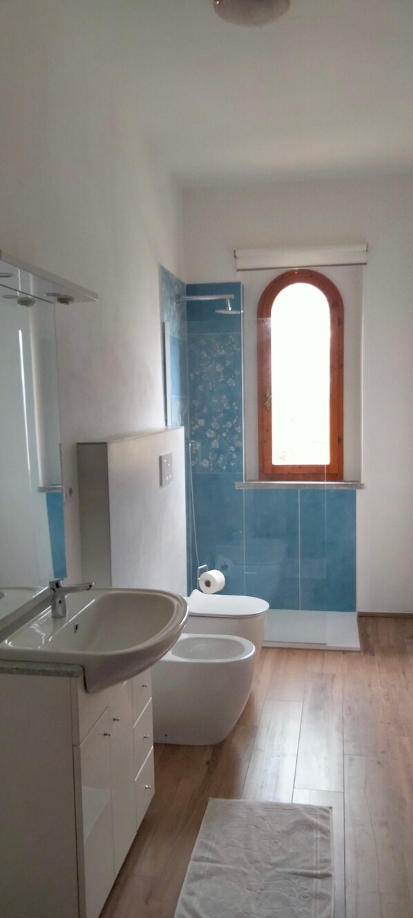 Un baño con lavamanos blanco, inodoro y ducha.