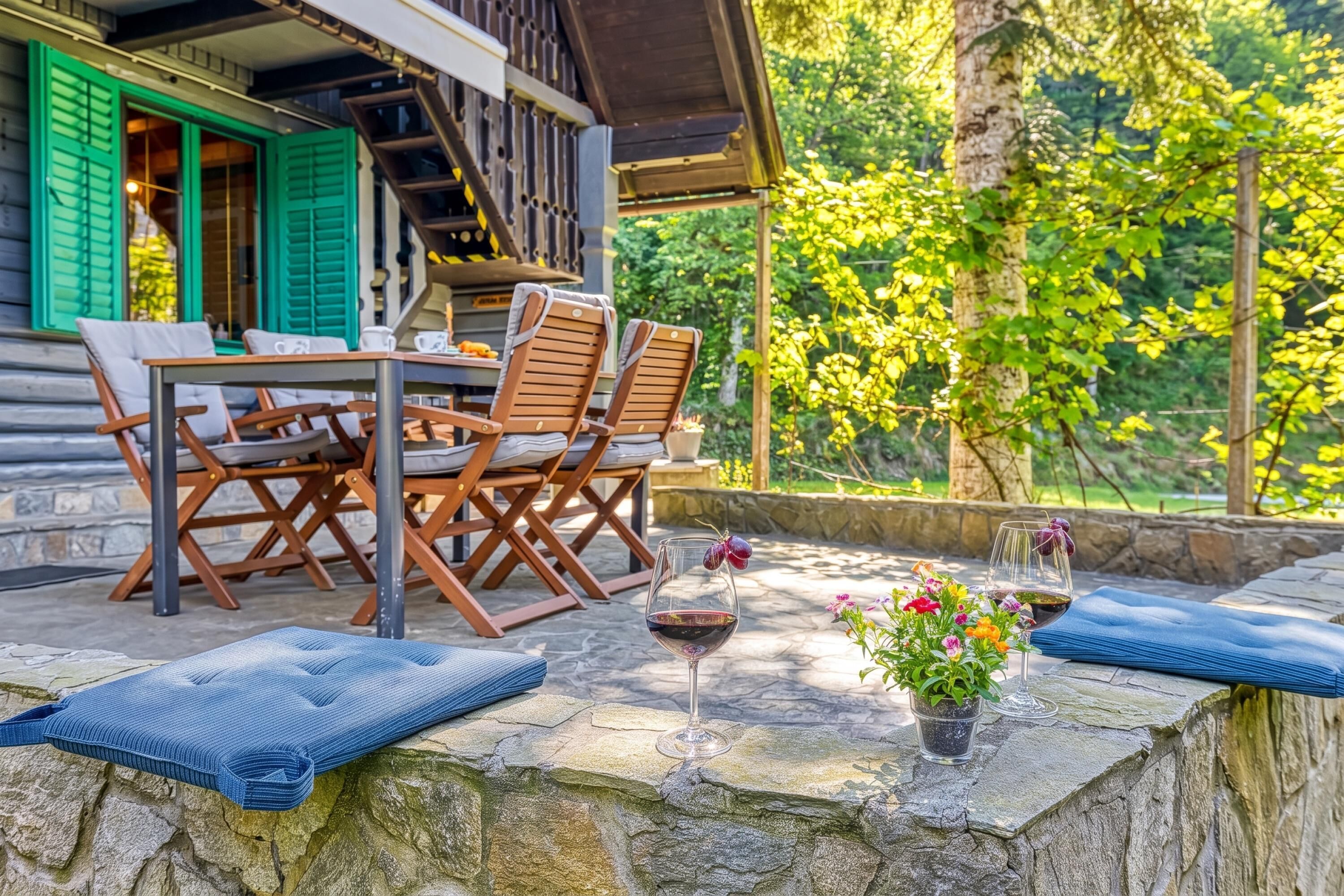 Un espace extérieur aménagé avec une table et des chaises, une bordure en pierre sur laquelle repose un verre de vin rouge et un pot de fleurs, et une vue sur un paysage verdoyant.