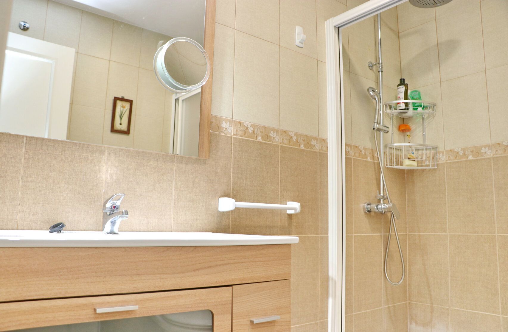 A bathroom with a sink, mirror, shower, and toiletries shelf.