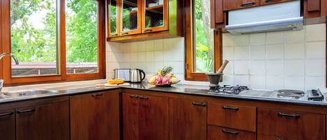 A kitchen with wooden cabinets, a gas stove, and a window with a view of greenery.