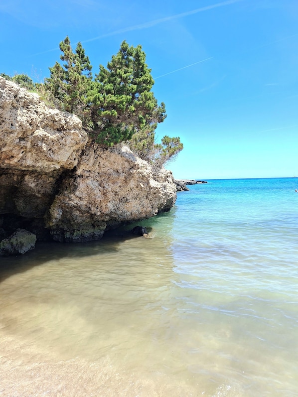 A rocky coastline with clear water, a clear sky, and a distant sailboat.