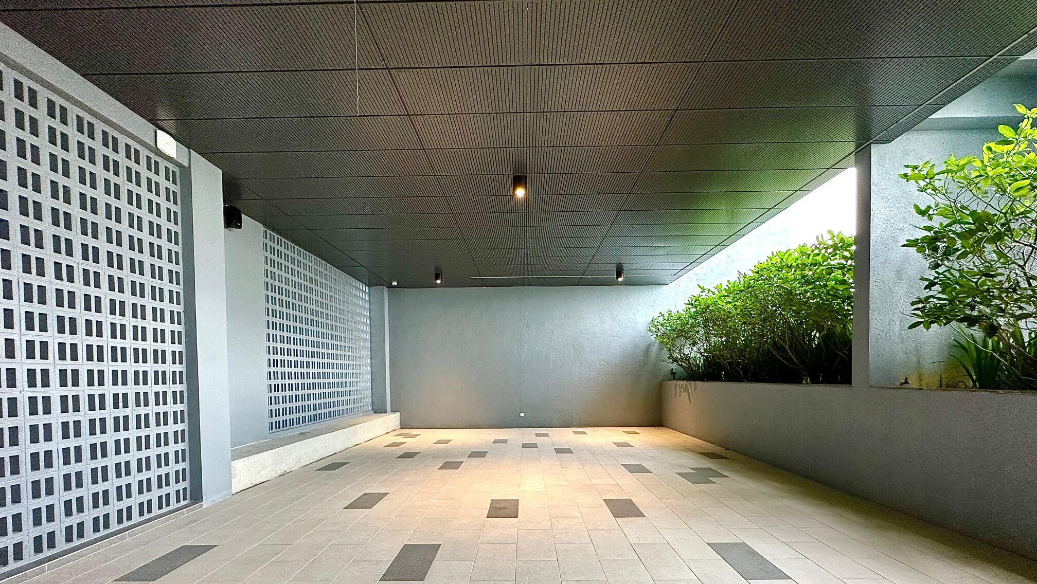 A modern interior with a patterned ceiling, a tiled floor, and a green plant in a corner.