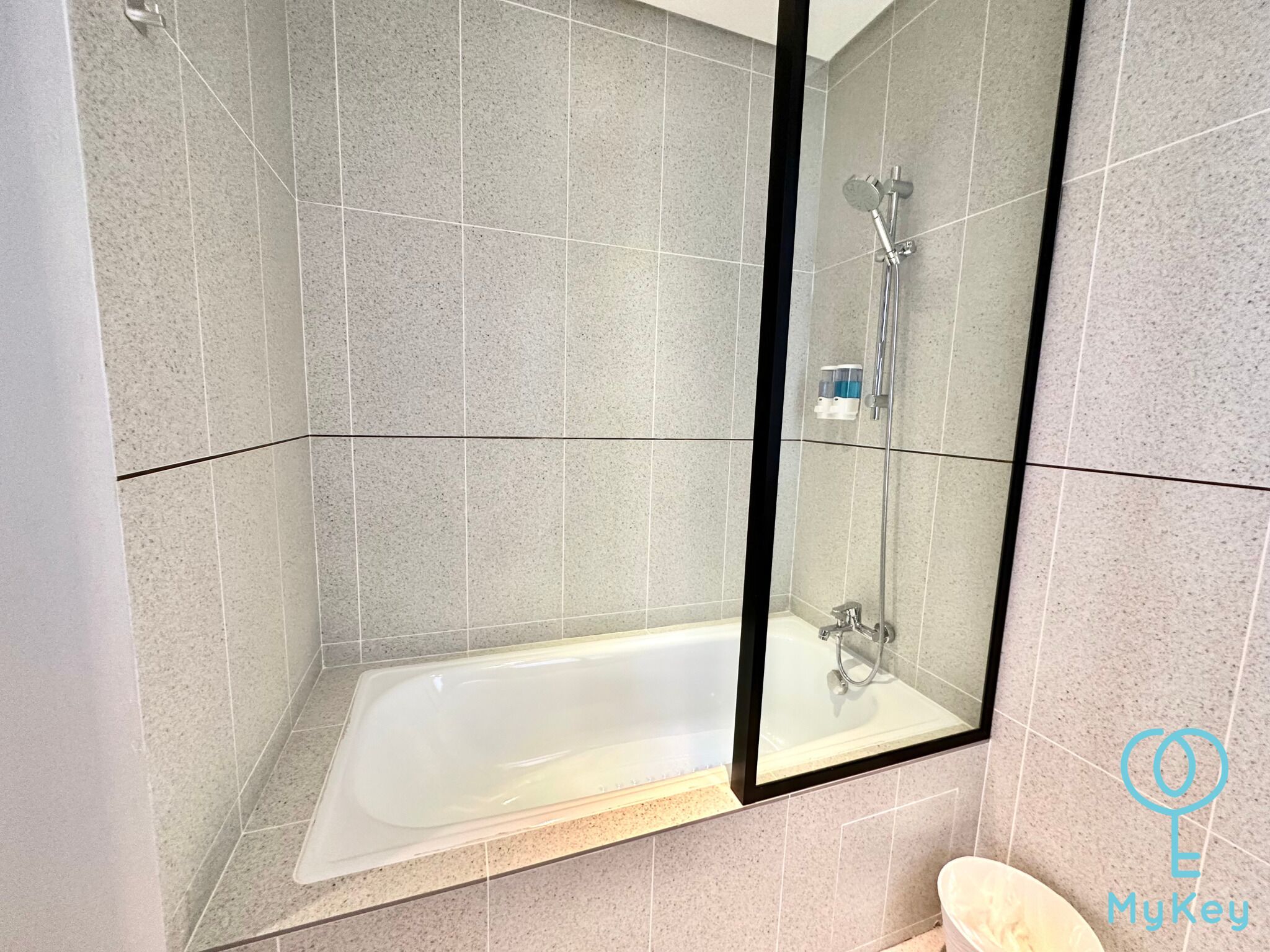 Une salle de bain moderne avec une douche à parois de verre, une baignoire blanche et des toilettes.