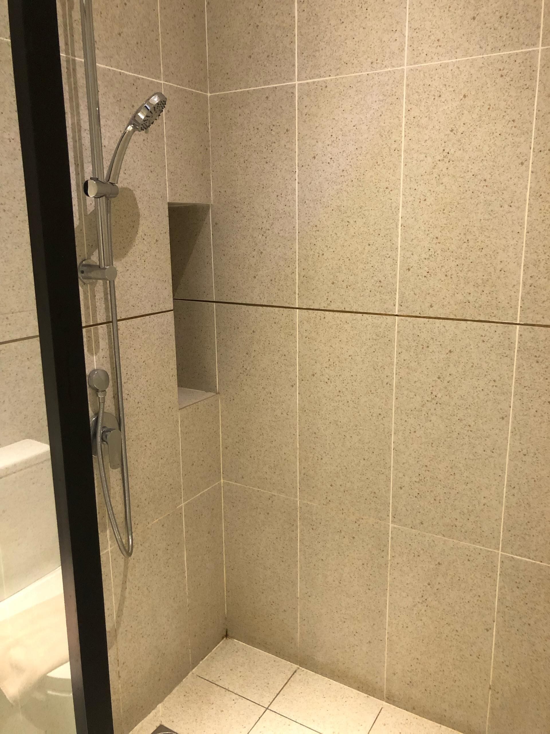 Une douche équipée d’un pommeau de douche à main, d’un robinet mural et d’une petite étagère.