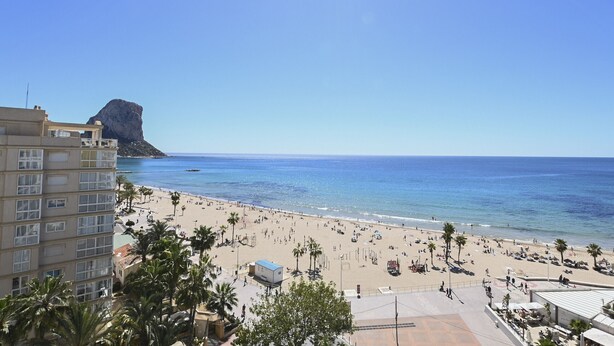 A beach with palm trees and a building in the foreground. - A76 COLON 8C (Calpe)