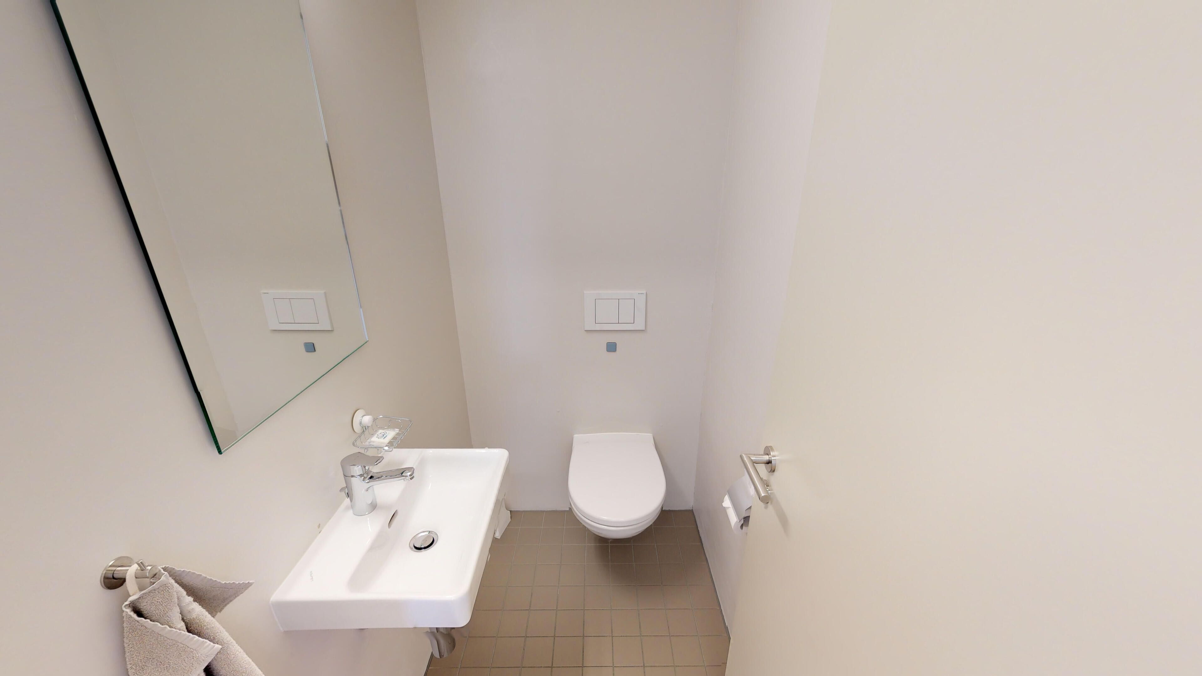A small, clean bathroom with a white sink, toilet, and mirror.