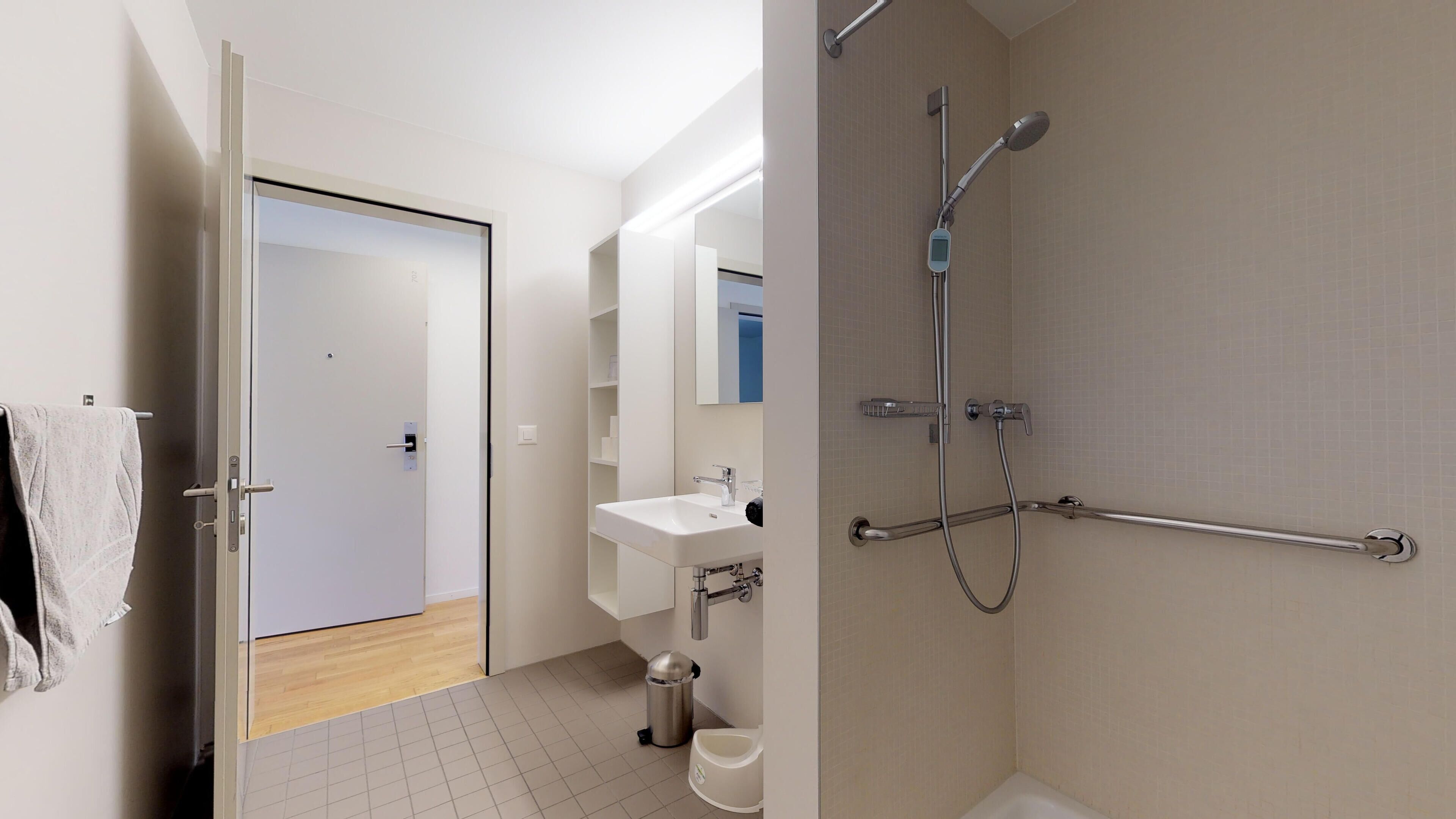 A modern bathroom with a shower, toilet, sink, and a mirror.