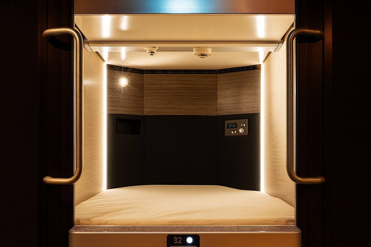 A compact, well-lit sleeping cabin with a control panel and a digital display, likely part of a train or similar transportation.
