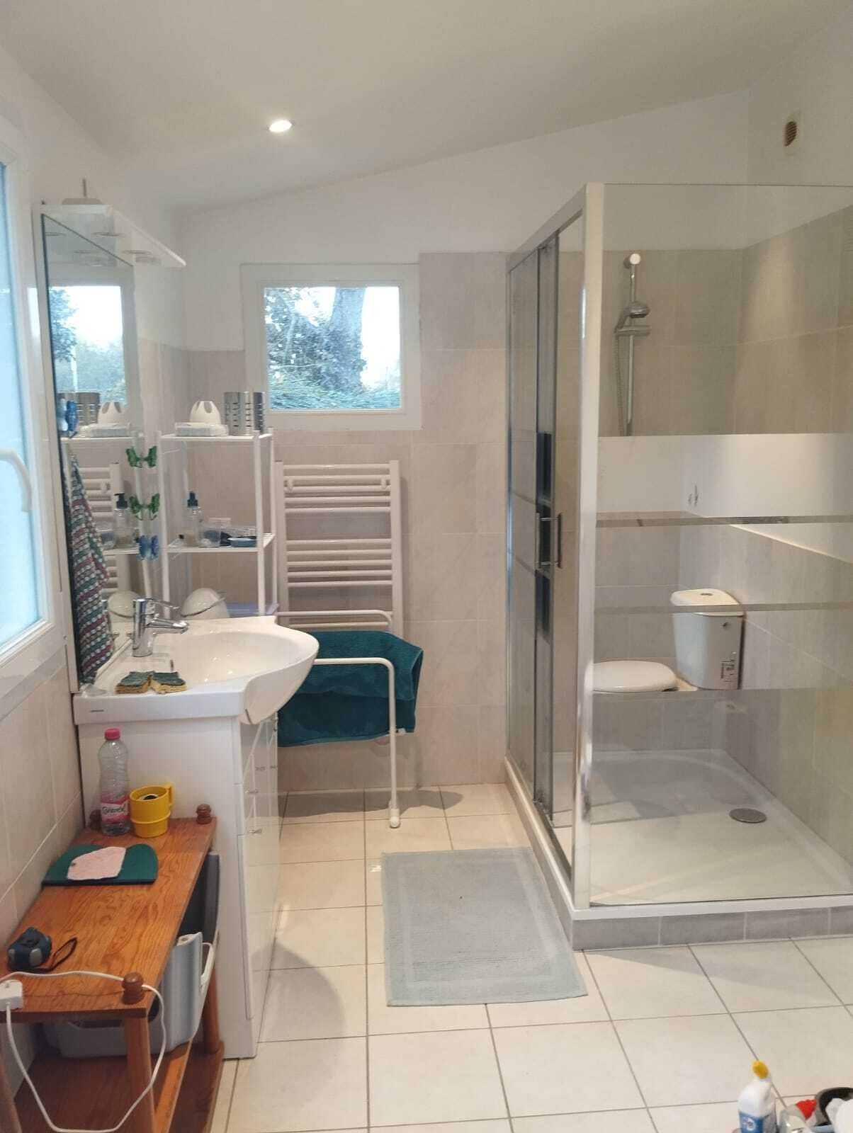 A modern bathroom with a sink, mirror, and shower.