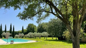 Ein Swimmingpool, umgeben von einem gepflegten Rasen und Bäumen.