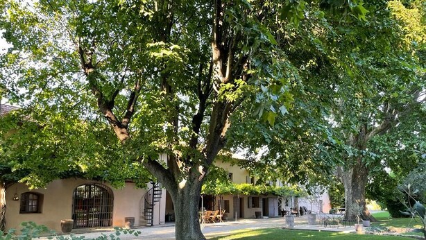 Ein von Bäumen gesäumter Innenhof mit einem Gebäude mit Bogenfenstern und einem Ziegeldach.