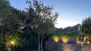 A landscaped garden with a paved patio area, a tree, and a wall with potted plants. - the garden of Etna (Mascalucia)