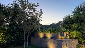 A landscaped outdoor area with a stone wall, potted plants, and a small pool. - the garden of Etna (Mascalucia)