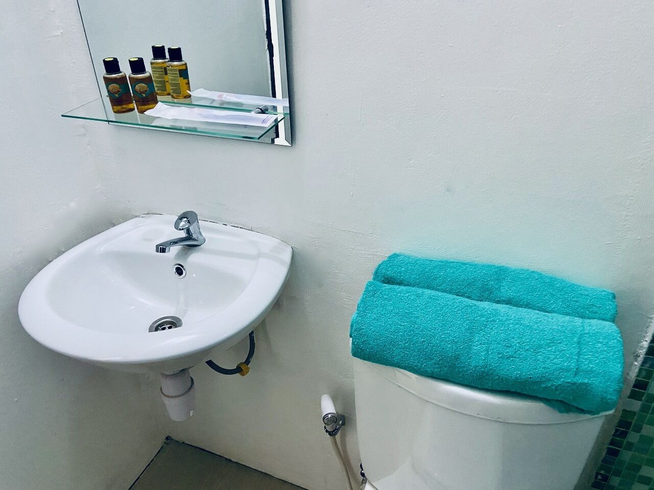 Une salle de bain avec un lavabo blanc, des toilettes et une étagère au-dessus du lavabo où sont rangés les articles de toilette.