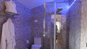 A modern bathroom with a glass shower enclosure, a toilet, and a towel rack.