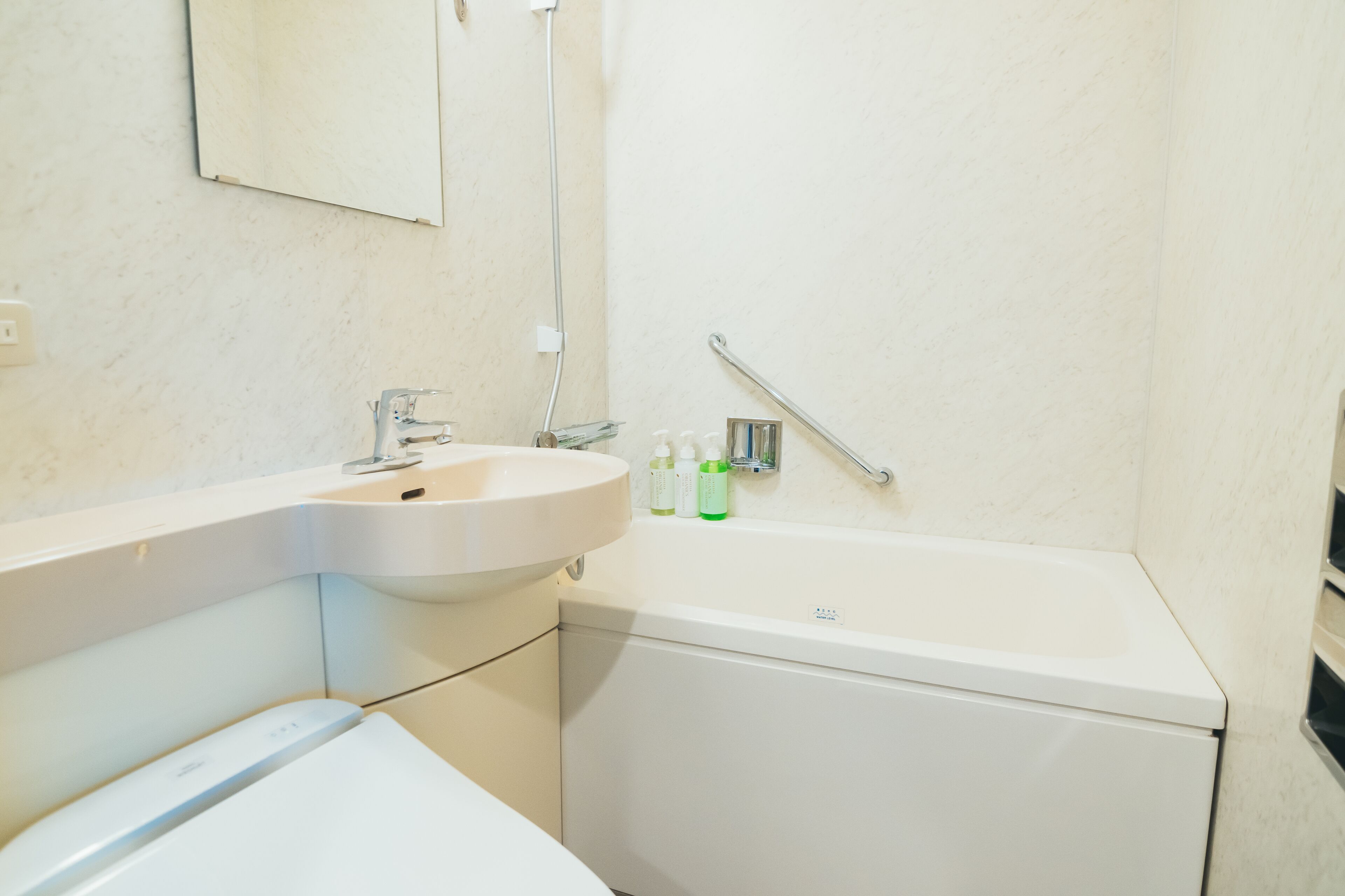 A bathroom with a sink, mirror, and toilet.